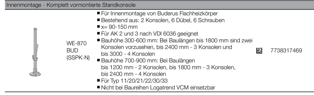 7738323294 Buderus Konsole Heizkörperkonsole F7M CV für die Typen 20, 21  und 22 mit Anschluss unten Ihr Partner für Haustechnik Ersatzteile für  Heizung, Klima, Lüftung, Bad und Küche 4062321191665