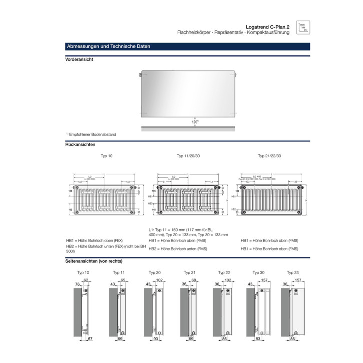 Buderus Heizkörper C-Plan.2 Hygiene Kompakt Höhe 500mm Typ 10 20 30 L=400-3000