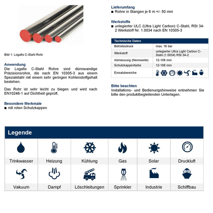 C-Stahlrohr Buderus Logafix in 6m Stangen Sets 6-60m Ø 15 bis 108mm verzinkt