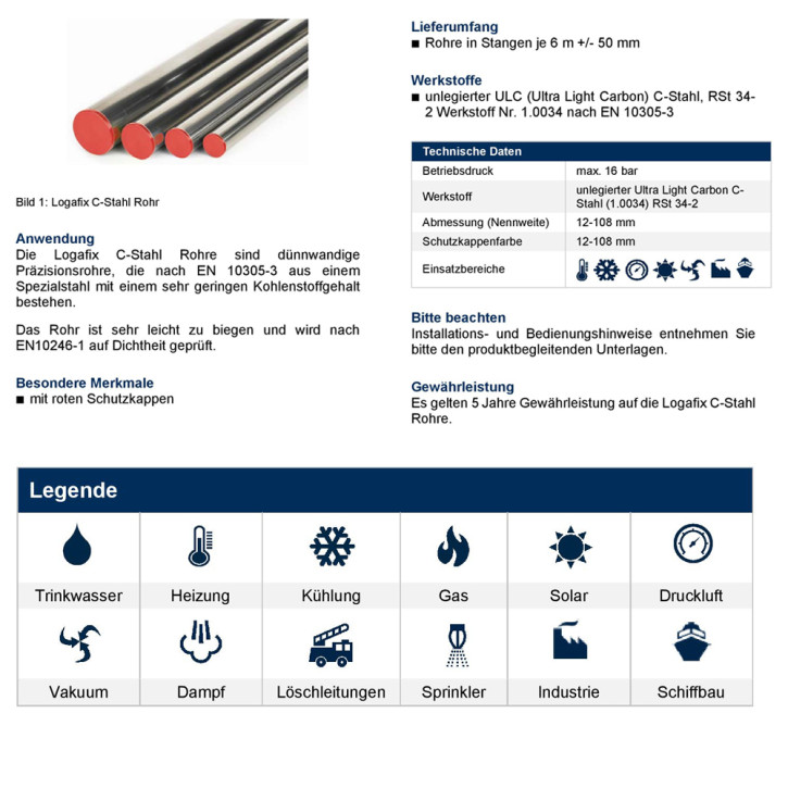C-Stahlrohr Buderus Logafix in 6m Stangen C- Stahl Rohr verzinkt 15 bis 108mm