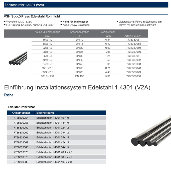 Edelstahlrohr light 1.4301 V2A 6m Stangen 15-108mm DN12-DN100 Buderus SudoXPress 35 x 1,5 mm (DN32)