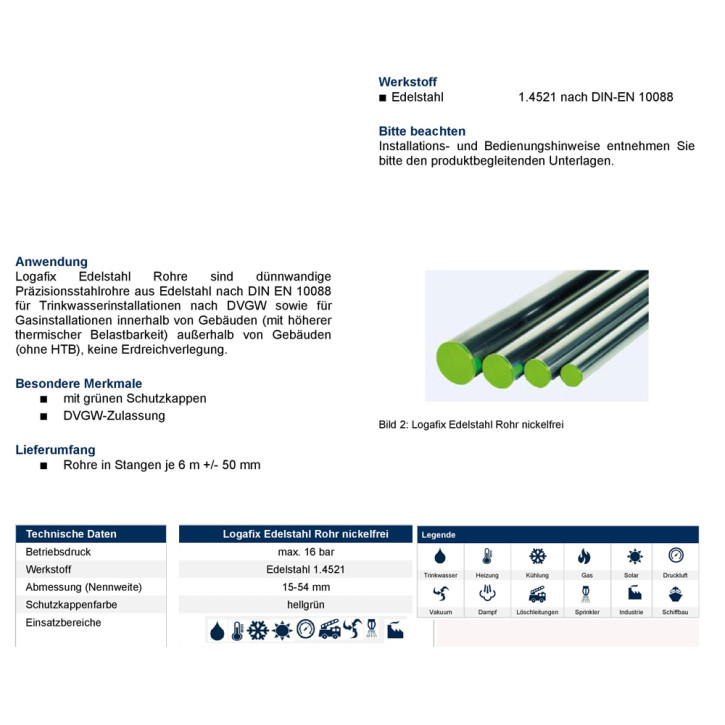 60m Buderus Logafix Edelstahlrohr nickelfrei 10x 6m Stangen 15-54 mm Trinkwasser