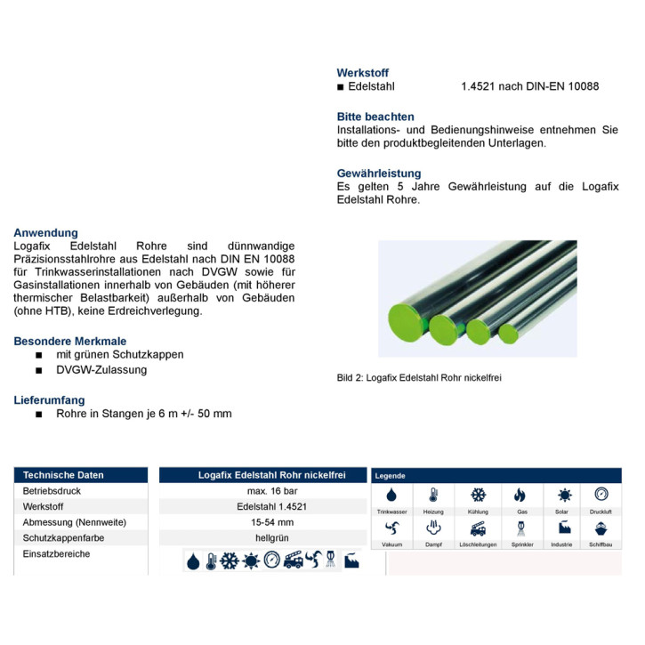 Edelstahlrohr nickelfrei Trinkwasser 6m Stangen Ø15-54 DN12-DN50 Buderus Logafix 18 x 1,0 mm (DN15)