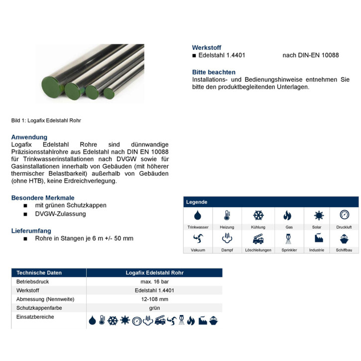 Edelstahlrohr in 6m Stangen Buderus Logafix 15 18 22 28 35 42 54 76 88 108