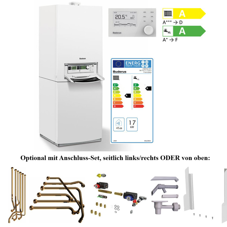 Buderus Logamax plus GB172i T120 T100S Gas Brennwert Kompaktheizung mit Speicher Flüssiggas (inkl. Umrüstsatz) / MIT RC310 mit AF / 17 kW / Ohne Anschluss-Set / 120 l. Rohrwendelspeicher