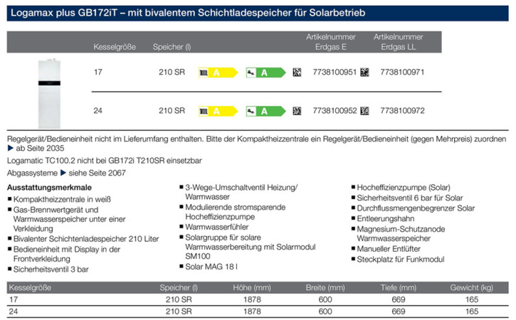 Buderus Logamax plus GB172i T210SR Gas Brennwert Kompaktheizung m. Solarspeicher