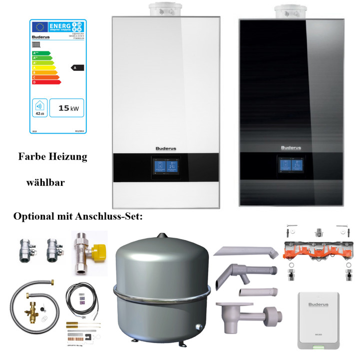 Buderus Logamax plus GB182i.2 BC400 Gasbrennwert Heizung 15-45kW und Kombigerät E/H umstellbar auf L/LL / 15 kW / OHNE Anschluss-Set / weiss