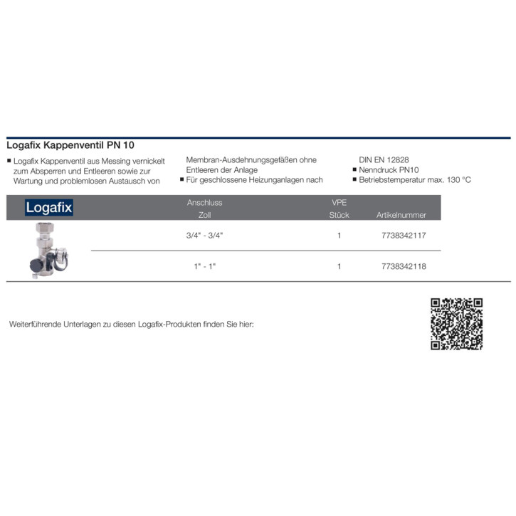 Buderus Logafix Kappenventil PN10 3/4" 1" Ausdehnungsgefäß Absperren Entleeren 3/4"-3/4"