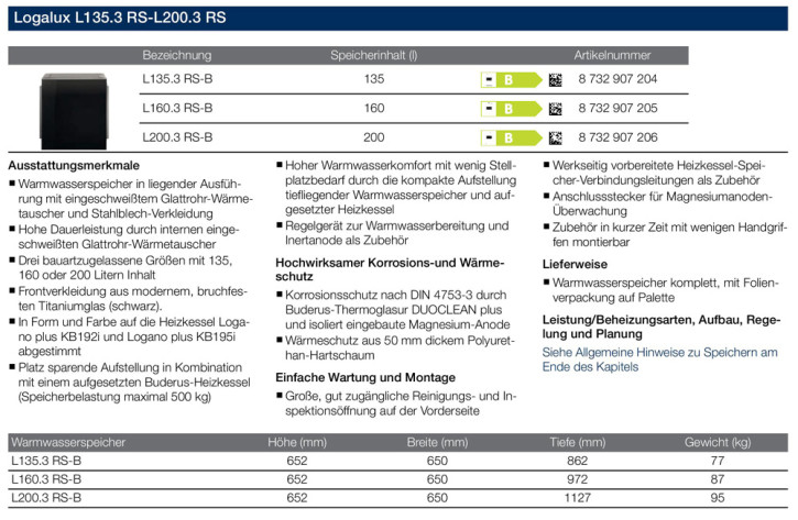Buderus Speicher Logalux L135.3  L160.3  L200.3 RS-B Warmwasserspeicher liegend 160 l. / OHNE Anschluss-Set