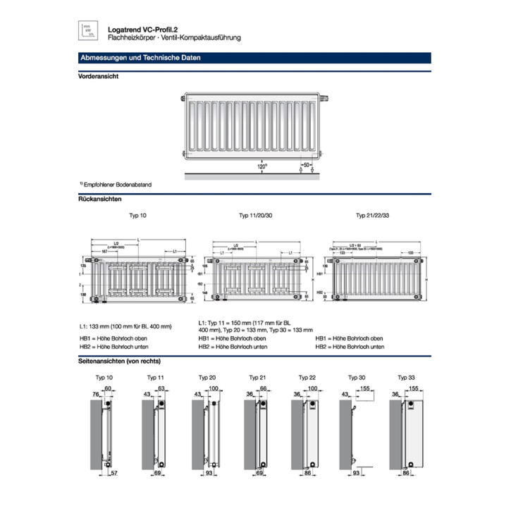 Buderus Heizkörper VC-Profil.2 Kompakt Bauhöhe 400mm Typ 11 21 22 33 L=400-3000