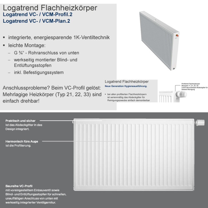 Buderus Heizkörper VC-Profil.2 Kompakt Bauhöhe 400mm Typ 11 21 22 33 L=400-3000