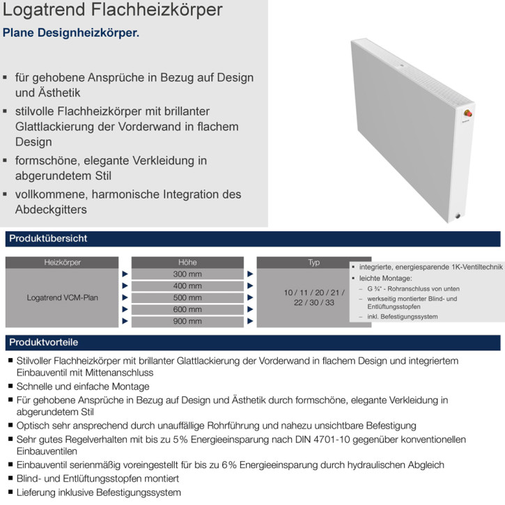 Buderus Heizkörper VCM-Plan.2 Logatrend Höhe 900mm Typ 11 21 22 33 L=400-3000
