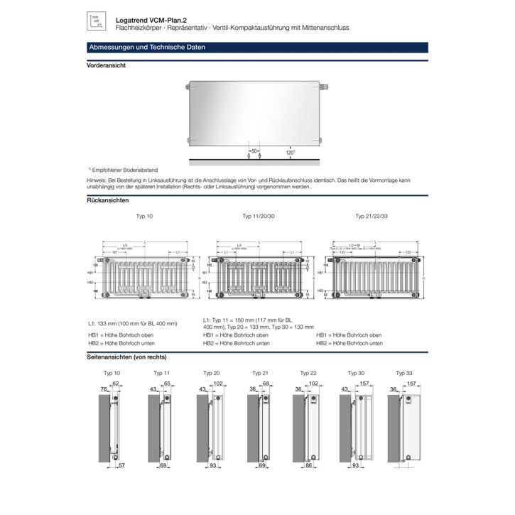 Buderus Heizkörper VCM-Plan.2 Logatrend Höhe 900mm Typ 11 21 22 33 L=400-3000