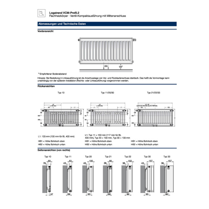 Buderus Heizkörper VCM-Profil.2 Kompakt Bauhöhe 500mm Typ 11 21 22 33 L=400-3000