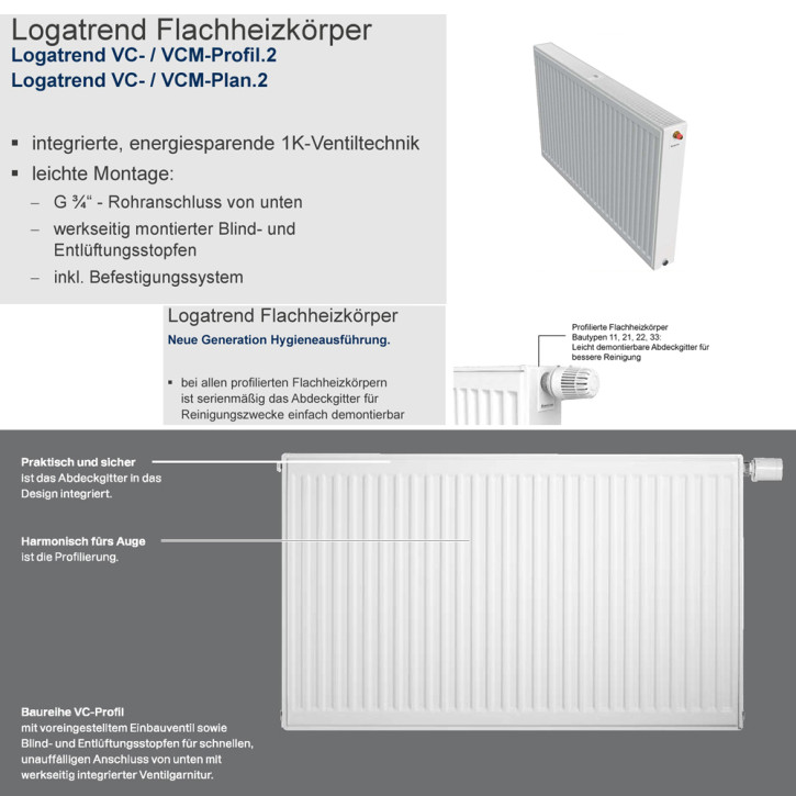 Buderus Heizkörper VCM-Profil.2 Kompakt Bauhöhe 500mm Typ 11 21 22 33 L=400-3000