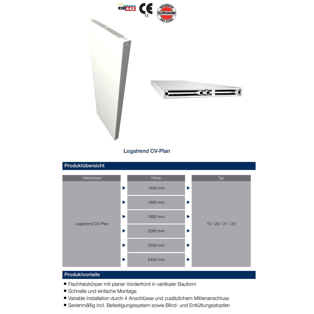 Buderus Vertikal Plan Heizkörper Bauhöhe 2000 mm Typ 10 20 21 22  Länge 300-900