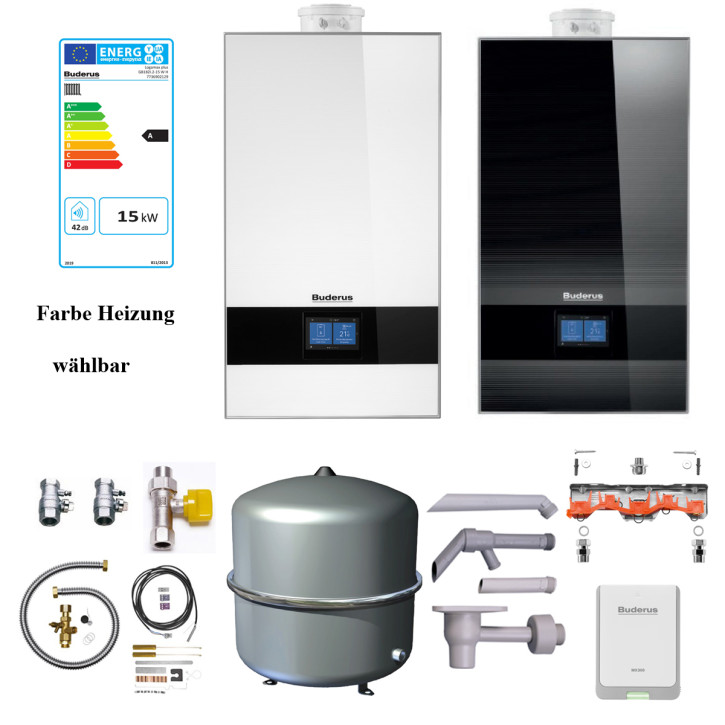 Buderus Gasbrennwertheizung GB182i.2 BC400 Anschluss-Set als Logaplus Paket W42S E/H umstellbar auf L/LL / 15 kW / weiss