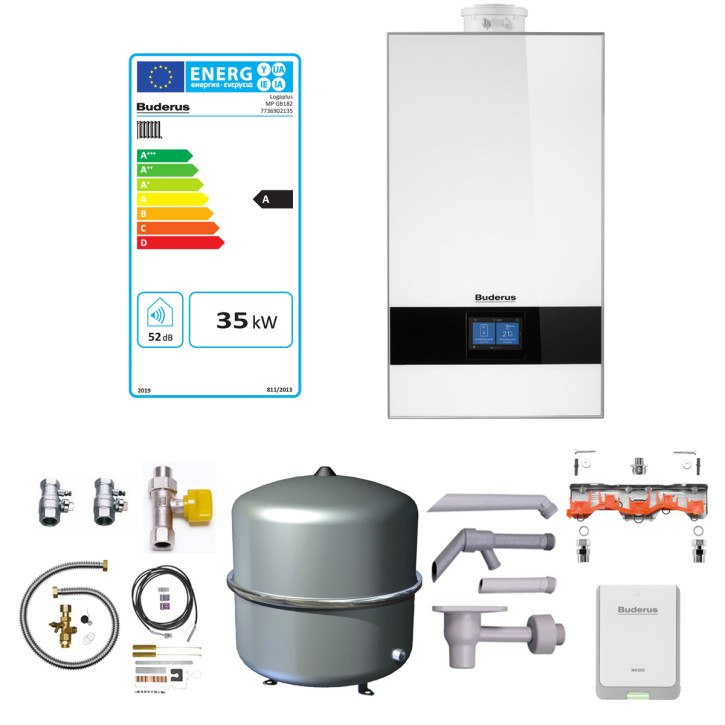 Buderus Gasbrennwertheizung GB182i.2 BC400 Anschluss-Set als Logaplus Paket W42S E/H umstellbar auf L/LL / 35 kW / weiss