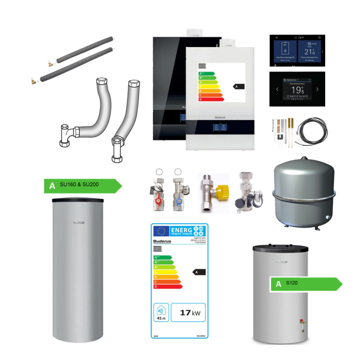 Buderus Logaplus Paket W50 Gasbrennwertheizung GB192i.2 BC400 Speicher 15-35 kW E/H umstellbar auf L/LL / 15 kW / weiss / S120