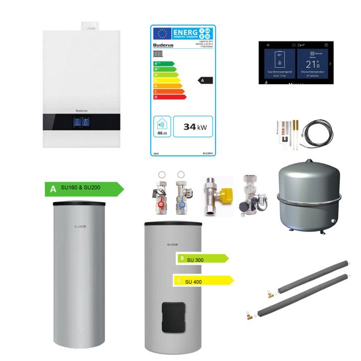 Buderus Logaplus Paket W50 Gasbrennwertheizung GB192i.2 BC400 Speicher 15-35 kW E/H umstellbar auf L/LL / 35 kW / weiss / SU300